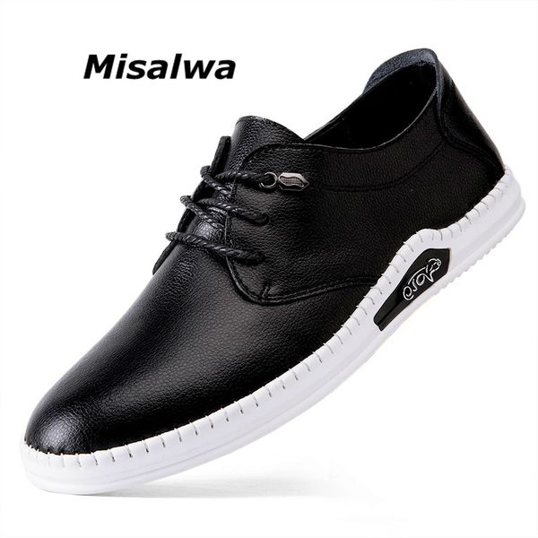 

misalwa handmade sewing white black men casual leather shoes fashion round toe leisure mens loafers lace up man flats sneakers