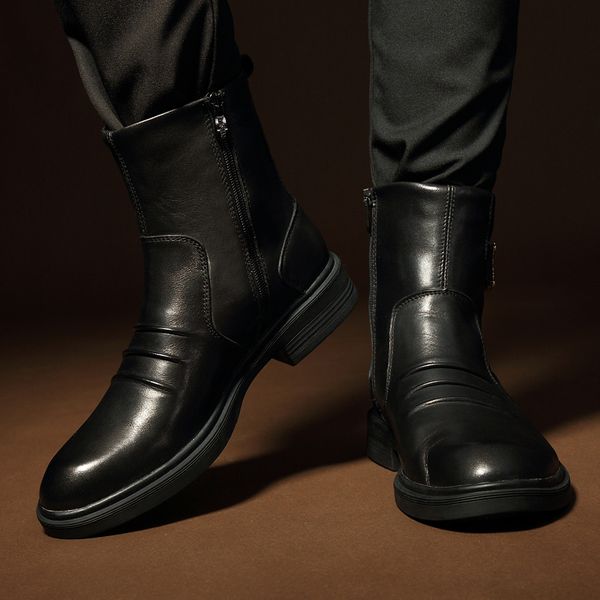 

crmdeox new leather motorcycle boots for men army zip men's shoes luxury designers high-punk boots chaussures femme, Black
