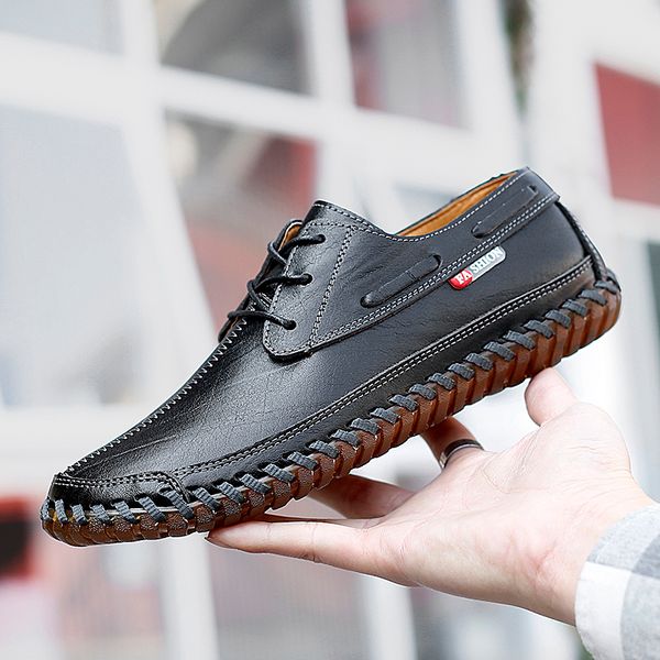 

2020 men shoes summer breathable genuine leather comfortable male shoes flat casual driving footwear cowhide big size, Black