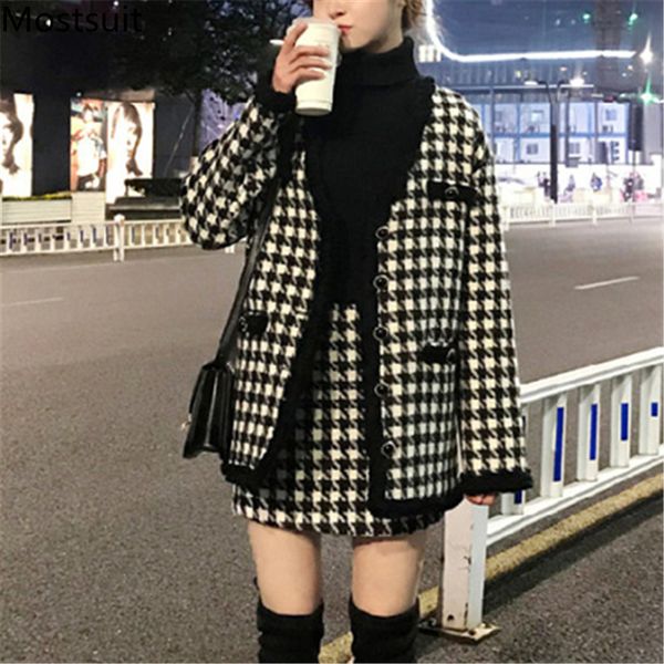

houndstooth vintage two piece sets outfits women autumn cardigan and mini skirt suits elegant ladies fashion 2 piece sets, White