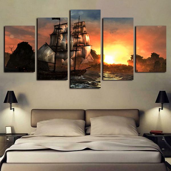 

5 panels sunset mountain range retro sailing boat seascape artworks canvas wall art abstract canvas print oil painting wall decor