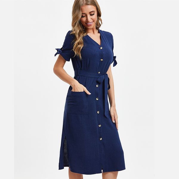 

2020 french style navy blue dress bow tie mid-length skirt, Black;gray