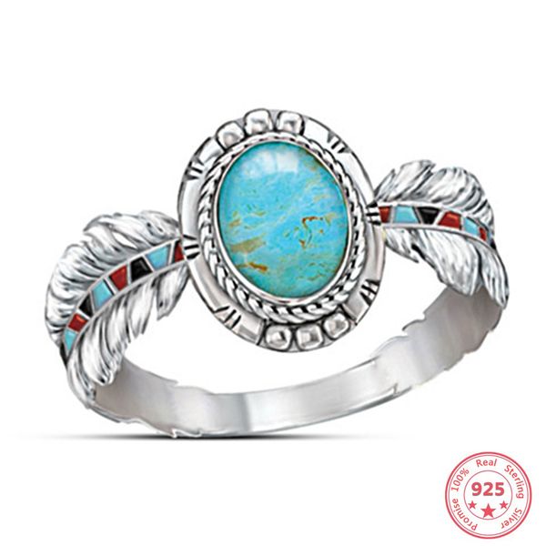

925 sliver turquoise eagle feather ring for women anillos fashion bizuteria green gemstone silver 925 jewelry ring, Golden;silver
