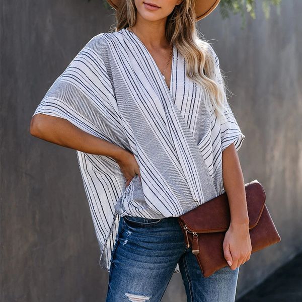 

designer women casual striped shirts button bat sleeved blouses female fashion short sleeve comfortable ladies shirt women's clothing, White