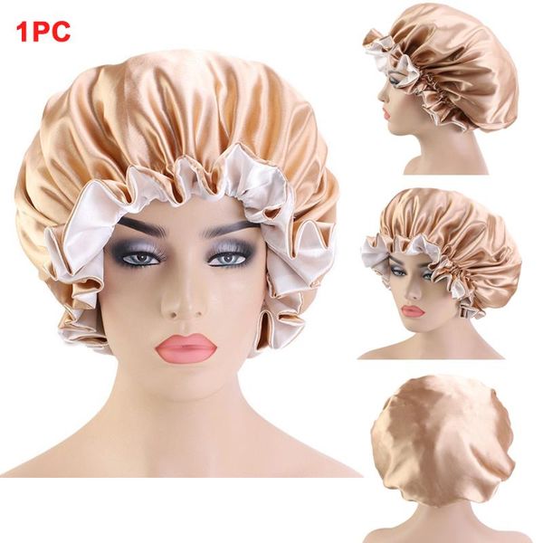 

women protective shower cap bathing waterproof elastic band hair bonnet solid double layer spa satin extra large salon reusable