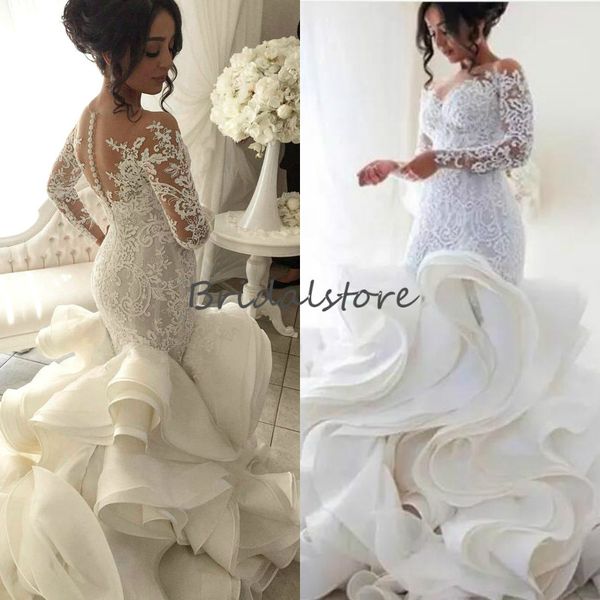 

luxury mermaid saudi arabia wedding dresses illusion lace long sleeve country garden bridal gowns organza cascade ruffles robe de mariÃ©e, White