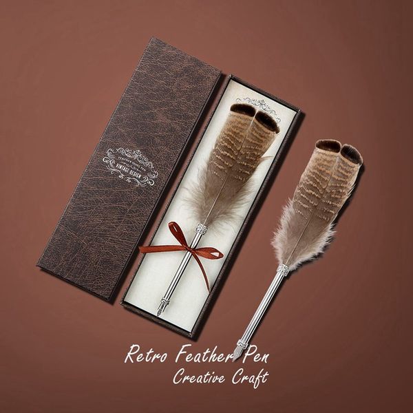 

creative craft vintage feather pen vintage carved metal drown pen signature gift turkey feather set, Black;red