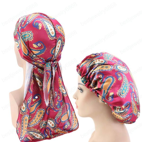 

2 pcs/lot silky durag and bonnet sets for women men head wrap custom designer print head cover india bandana doo rag, Blue;gray
