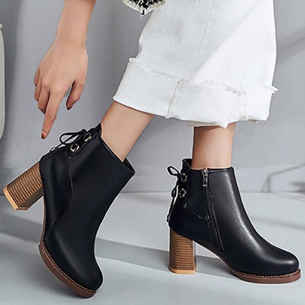 

cross-tied leather ankle boots woman shoes fashion leather waterproof platform boots winter warm non-slip snow chaussures, Black