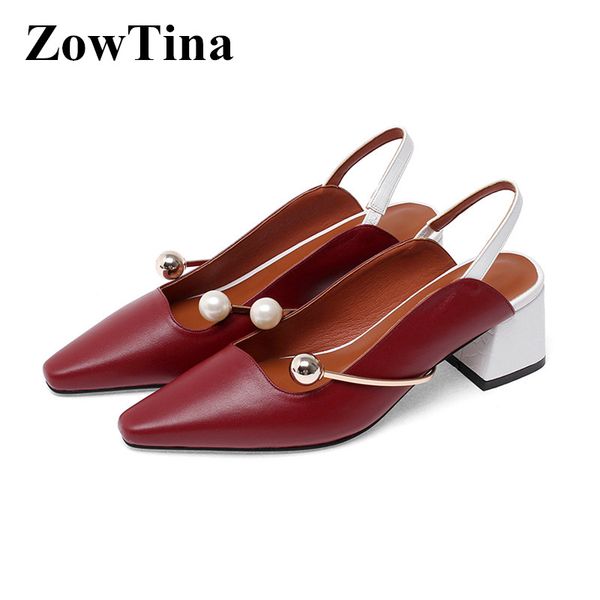 

wine red leather women pointed toe pumps pearl circle decor bridal wedding shoes 5cm chunky high heels working shoes zapatillas, Black