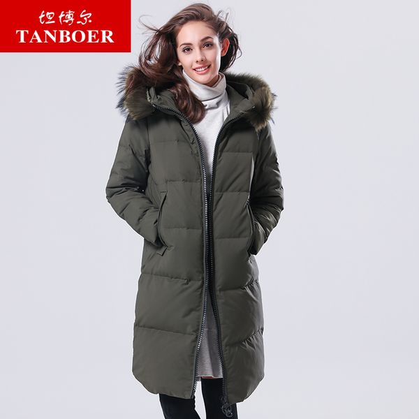 

tanboer women's down jackets female long hooded down coats fashion slim thin winter jackets overcoats with fur collar tb17678, Black