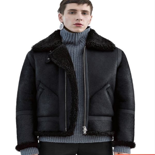 

tcyeek natural real fur coat men genuine leather jacket winter streetwear wool liner shearling coat man moto biker jackets 112, Black