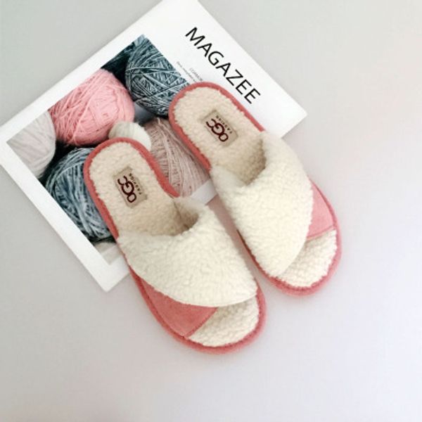 

autumn winter women warm short plush slippers fashion lamb wool outdoor furry slippers woman fluffy flip flops pink grey yellow, Black
