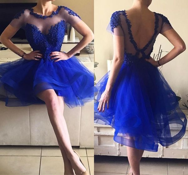 

blue short homecoming dresses beaded jewel neck short sleeves backless graduation dress tiered a line mini prom party gowns, Blue;pink