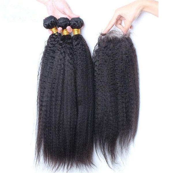 

kinky straight peruvian human hair weaves extensions with closure italian coarse yaki 3bundles virgin hair wefts with 4x4 lace closure, Black;brown