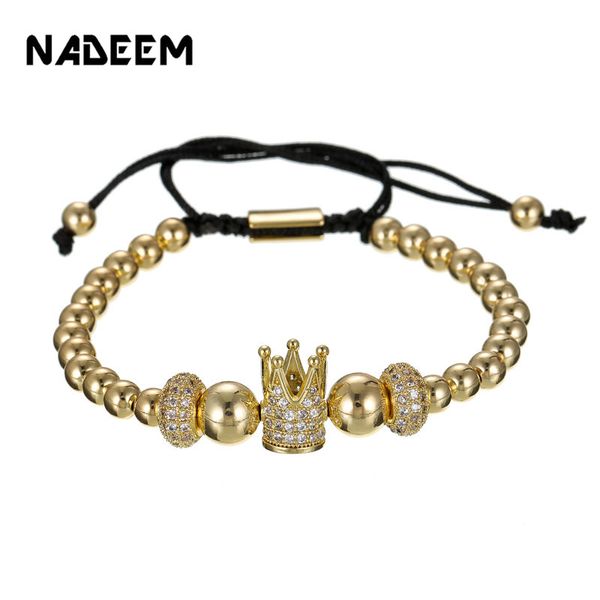 

men women cz wheel crown charm copper beads bracelet bangle cubic zirconia crown braiding bracelet luxury pulsera masculina 2019, Golden;silver