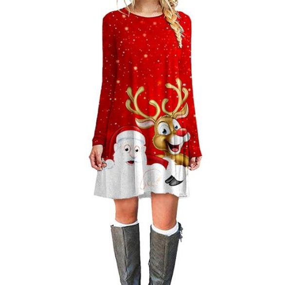 

snowflake moose and santa claus red new year clothes europe, america, autumn and winter new christmas print medium length women's dress, Black;gray