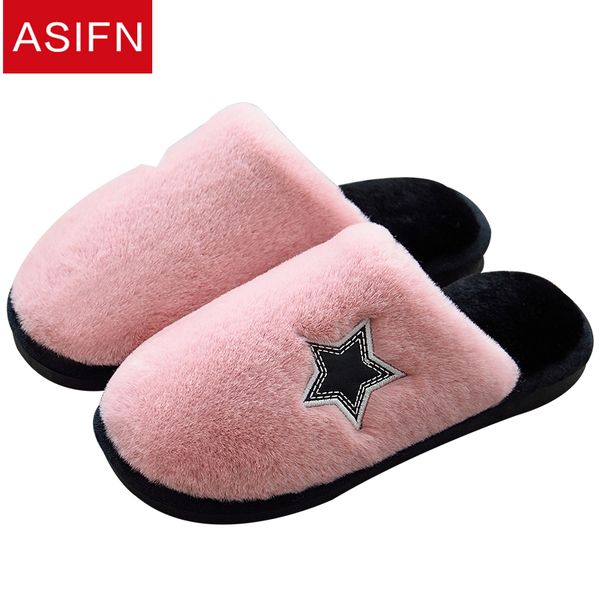 

asifn women cotton slippers female winter home interior thick-soled couple ladies warm non-slip month hair wool slippers male, Black