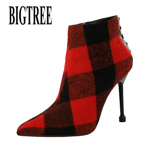 

bigtree 2019 new fashion winter women boots casual flock thin heel pointed toe boots shoes women ankle zipper plaid, Black