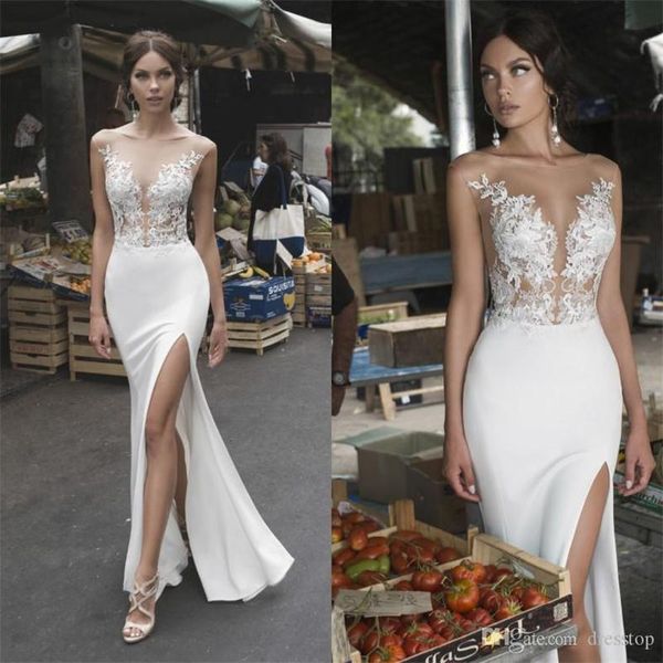 Abiti da sposa sexy a sirena con collo trasparente e schiena nuda, applique in pizzo, abiti da sposa da spiaggia, spacco laterale, taglie forti, vestido de novia