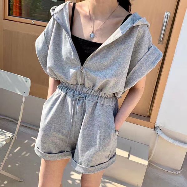 

2020 summer new jumpsuit women zip short sleeve hooded playsuits shorts rompers adjust waist loose streetwear white black gray, Black;white