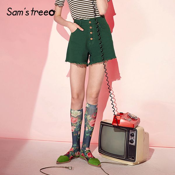 

samstree green frayed denim shorts casual women fashion 2020 summer short jeans mid waist cotton bottoms, White;black