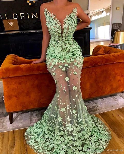 Verde de cal ver através Mermaid Dresses Prom 2020 apliques florais 3D Jewel Sheer Neck mangas Tulle Comprimento Pavimento celebridade vestidos de noite