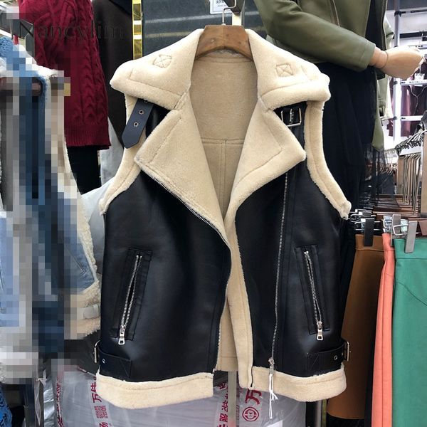 

fur leather vest jacket women new autumn winter short lamb fur stitching motorcycle leather coat thickening female pu vest, Black;white