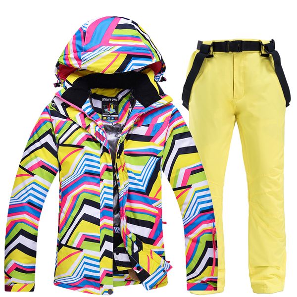 

selling european and american ladies ski suits striped color jacket with solid color and waterproof breathable bib pant