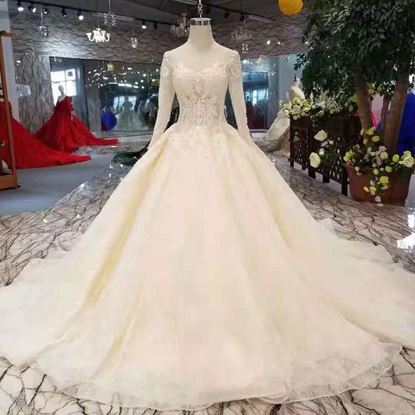 

эксклюзивные индивидуальные свадебные платья 2019 новый дизайн o-образным вырезом с длинными рукавами бальное платье аппликации мусульманско, White