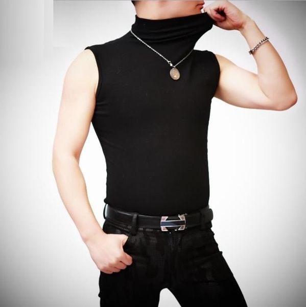 

men high-necked shirt vest sleeveless stylish warm cotton lycra slim stretchy black, Black;white