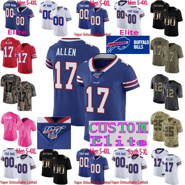 

100th elite custom bill jersey men youth women bruce smith kyle williams christian wade micah hyde andre reed cody ford milano jones jersey, Black;red