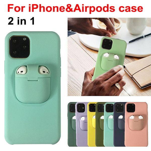 

2in1 airpods cover liquid silicone case for iphone 11 pro xs max soft headset case for airpod
