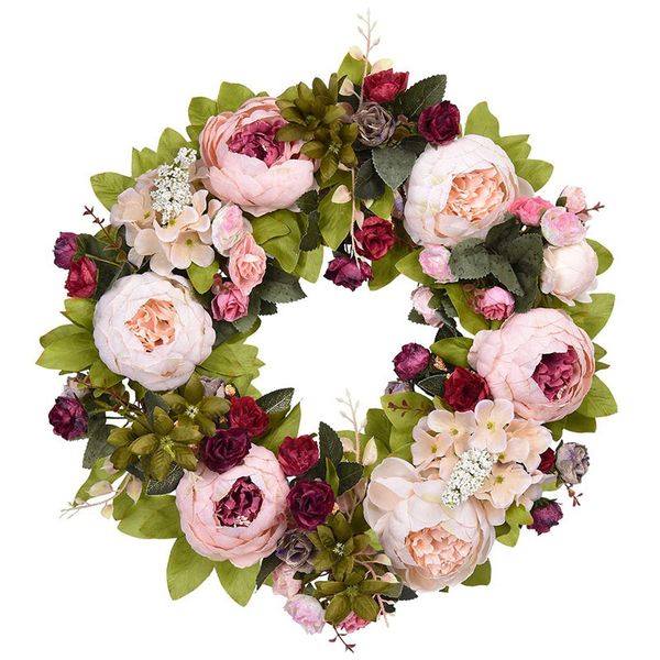 

artificial peony flower wreath, 15.7 inch silk peony flower door wreath with green leaves, vintage blooming wreath for fro
