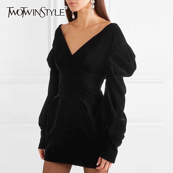 

twotwinstyle elegant off shoulder velvet dress female v neck high waist puff sleeve bodycon dresses women fashion autumn, Black;gray