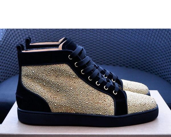 

new fashion brand hight-crystals sequins gold leather rivets red bottom shoes men's sneakers shoes with spikes leisure casual party, Black