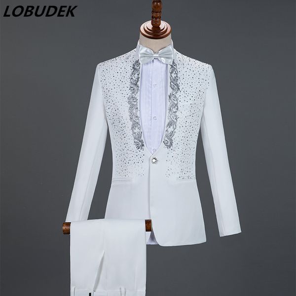 

england style formal men's suits 4 colors rhinestones blazers pants sets singer host concert stage outfits wedding party dresses, White;black