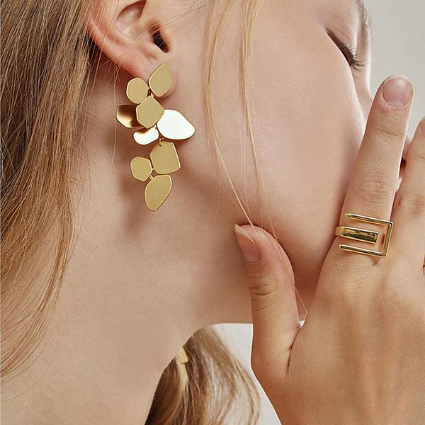 

aomu metal scrub tassel 3 styles wearing matte gold leaf drop earrings geometric earrings for women stylish irregular dangle, Silver