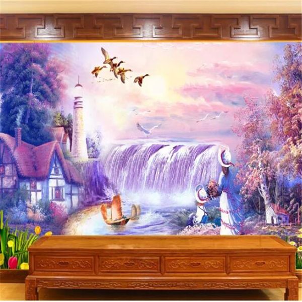 

customized large murals fashion home improvement fantasy landscape waterfall tv background mural wallpaper papel de parede