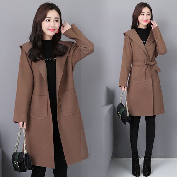 

office lady hooded slim casaco feminino elegant autumn coat women sashes plus size coats women clothes 2019, Black