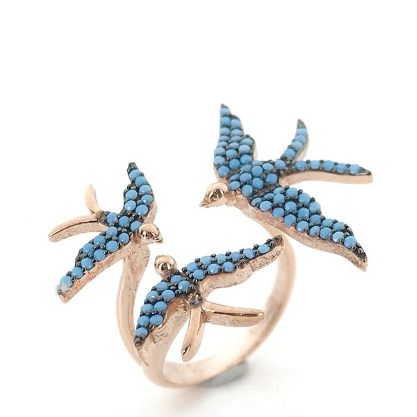 

3 three dovetail turquoise gemstone silver ring, Golden;silver