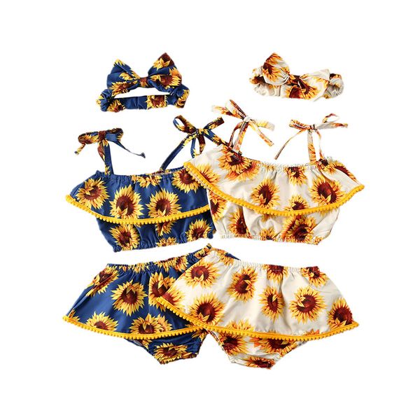

pudcoco summer boho kids baby girls rompers sunflower off shoulder ruffle +short pants+headwear 3pcs clothing newborn 3-24m, White