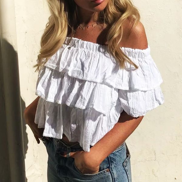 

women's blouses & shirts fashion slim shirt blouse 2021 summer white lace trim women off shoulder tube womens and
