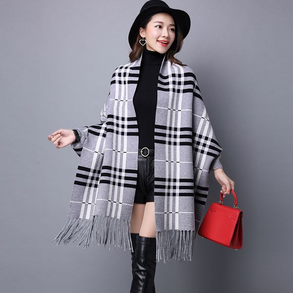 

свитер женщин шали плащ кисточкой плед новая мода с длинными рукавами летучая мышь сыпучие толстые knit зимней одежды женщины vestidos lxj88, Black