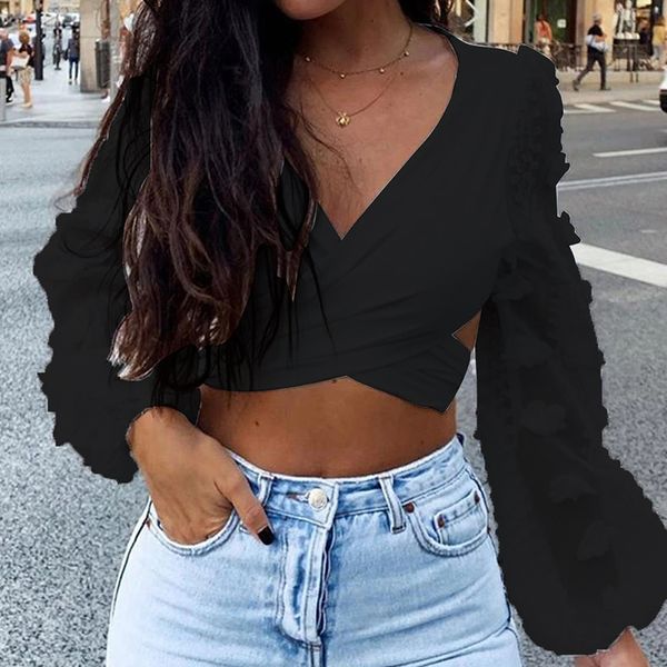 

elegant women shirts celmia 2020 fashion long lantern sleeve lace blouses v neck backless cross crop casual blusas, White