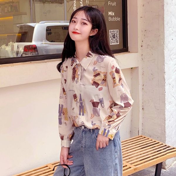 

2019 new college style graffiti print shirt fashion long sleeve slim and blouses women's sweet loose blouse, White