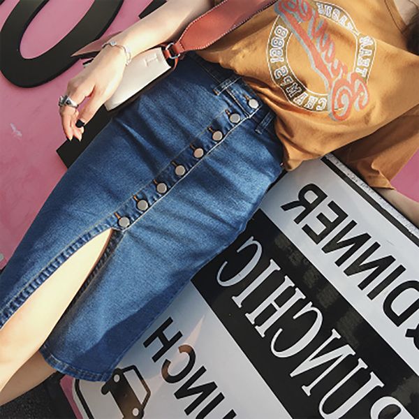

2020 new summer blue cowboy elasticity button empire waist patchwork bifurcation denim skirt clothes skirts plus size a014, Black