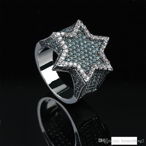 

18k gold white gold plated mens franklin mint green iced out cz cubic zirconia hexagonal star finger ring band luxury hiphop rapper jewelry, Silver