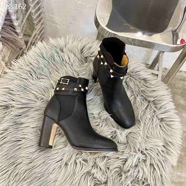 

british style 2019 autumn new thick heel rivet leather high heel women boots fashion short boots round calfskin booties martin boots, Black
