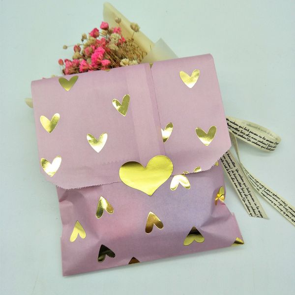 

25pcs goody paper bags violet/blush pink with foil gold heart for wedding birthday baby shower party candy packaging favor